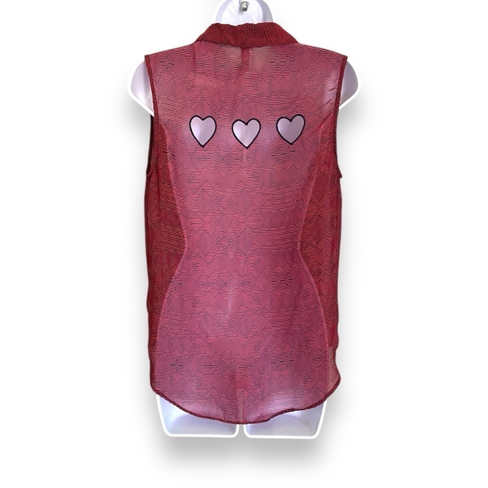 Xhilaration Red Sheer Geometric Print Sleeveless Collard Blouse Heart Cutouts